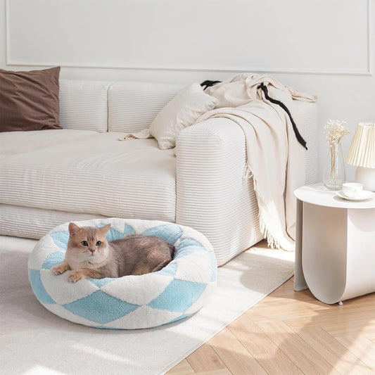 MEWOOFUN Donut Cat Bed For Indoor Cats - Round Washable Plush Pet Bed With Jacquard Shaggy Fabric & Non-Slip Bottom, Calming Small Dog Bed For Puppy & Kitten, 23 Inch Blue Check